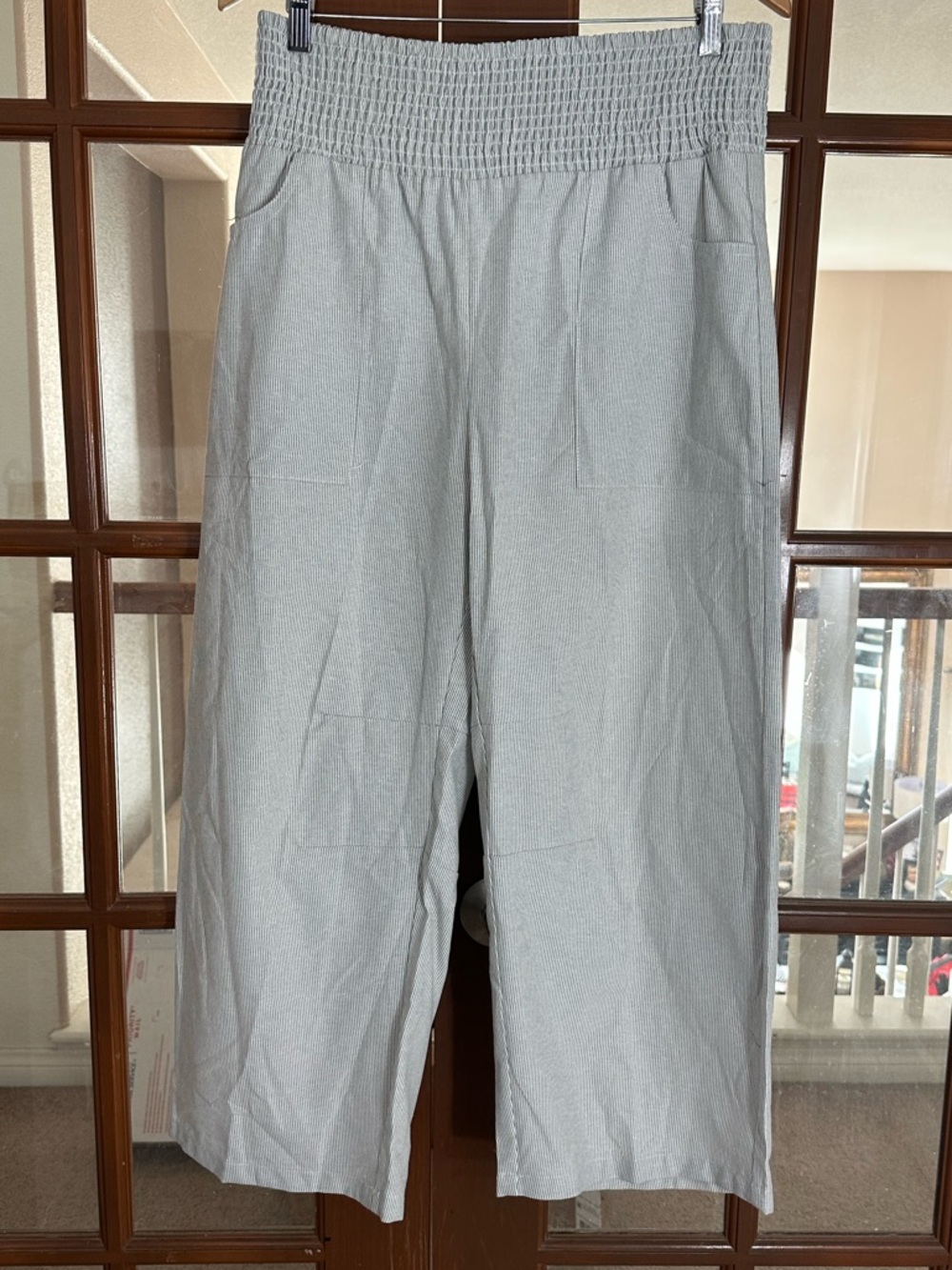 Smocked Waist Cropped Pants - Light Gray Cotton Blend